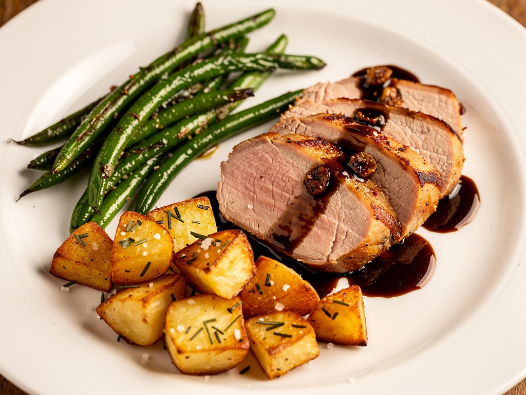 Balsamic Fig Pork Tenderloin with Roasted Green Beans and Rosemary Potatoes