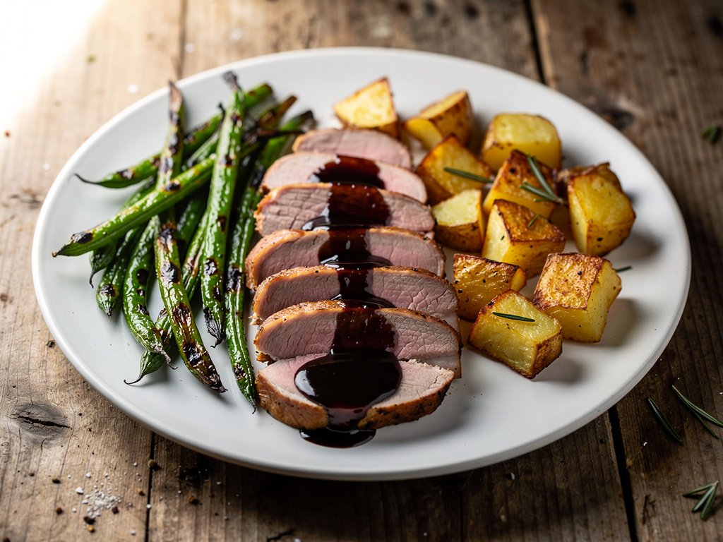 Balsamic Fig Pork Tenderloin with Roasted Green Beans and Rosemary Potatoes