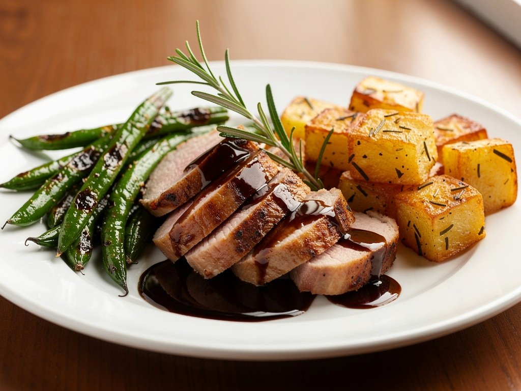 Balsamic Fig Pork Tenderloin with Roasted Green Beans and Rosemary Potatoes