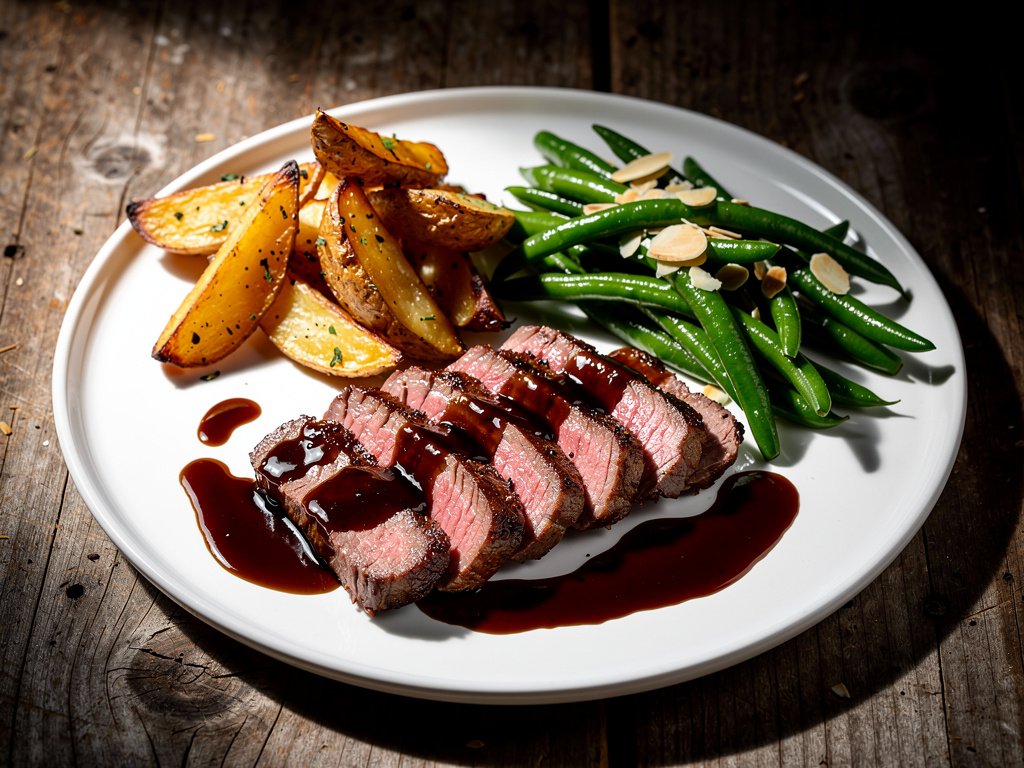 Balsamic Fig Sauce Steak with Almond Green Beans and Roasted Potatoes
