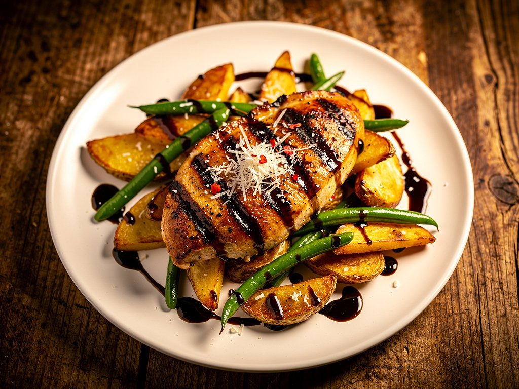 Balsamic Glazed Chicken with Roasted Potatoes and Green Beans (Plus a Pesto Pasta Lunch)