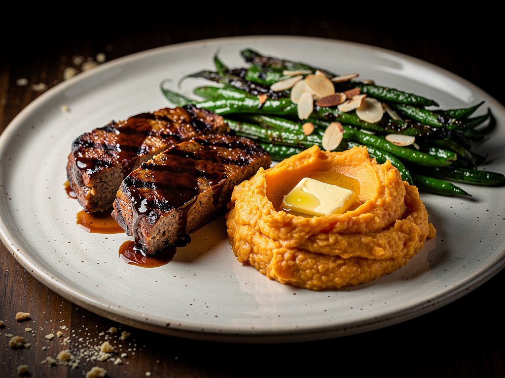 Balsamic Glazed Meatloaf with Sweet Potato Mash and Green Beans