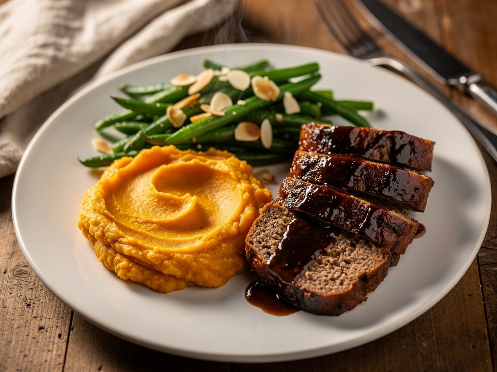 Balsamic Glazed Meatloaf with Sweet Potato Mash and Green Beans