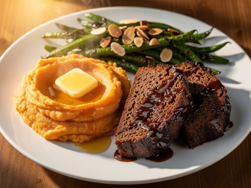 Balsamic Glazed Meatloaf with Sweet Potato Mash and Green Beans