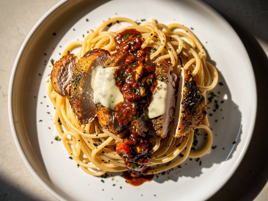 Balsamic Herb Chicken with Mozzarella and Garlic Butter Spaghetti