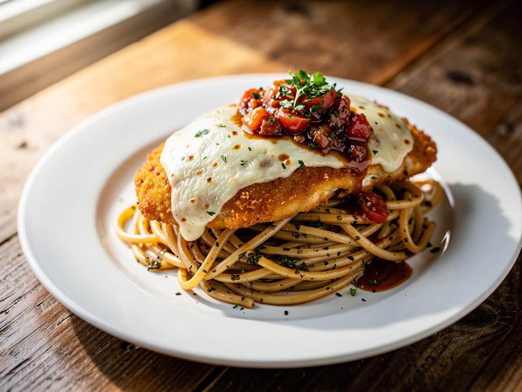 Balsamic Herb Chicken with Mozzarella and Garlic Butter Spaghetti