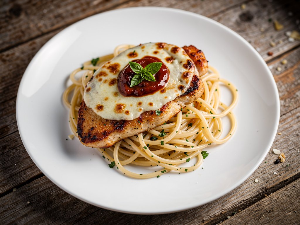 Balsamic Mozzarella Chicken with Garlic Herb Spaghetti