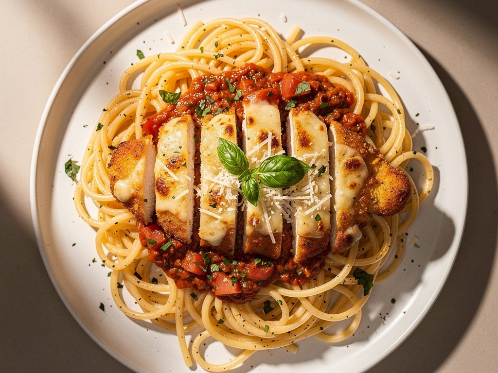 Balsamic Mozzarella Chicken with Garlic Herb Spaghetti
