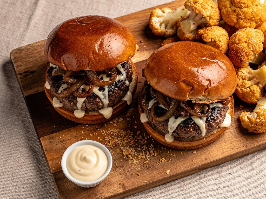 Balsamic Onion Beef Burgers with Crispy Panko Cauliflower