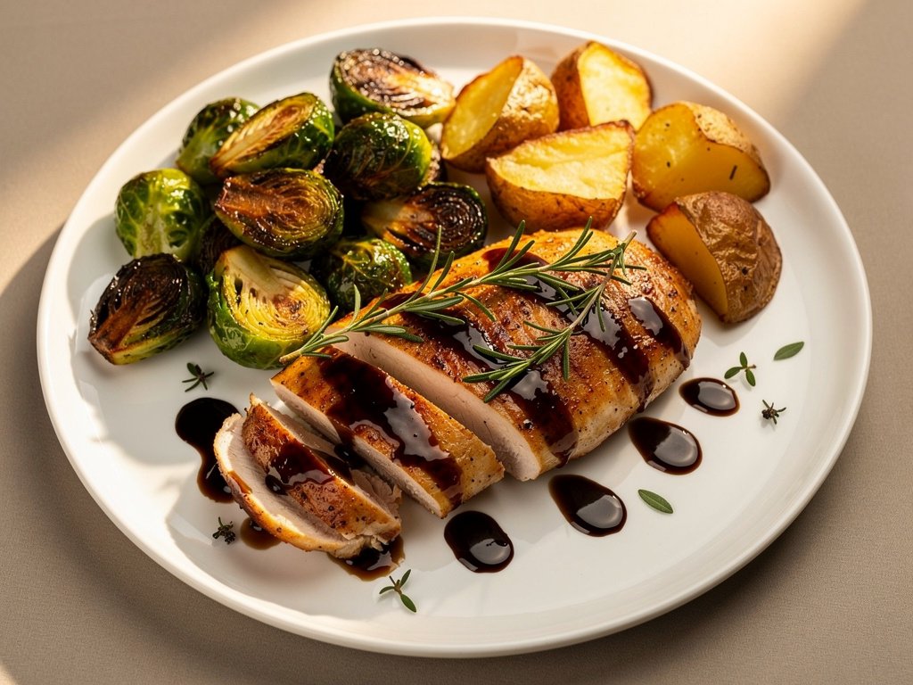 Balsamic Rosemary Chicken with Roasted Green Beans and Herby Potatoes