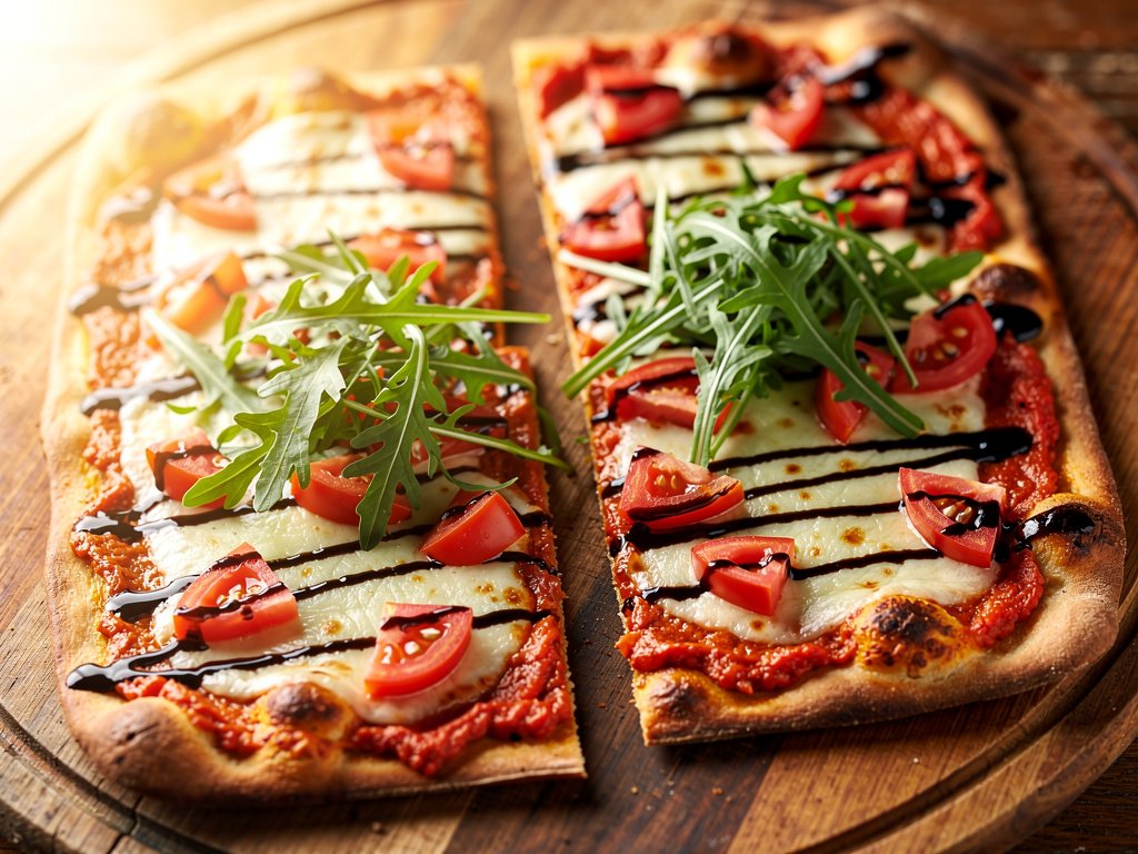 Balsamic Tomato Flatbread with Roasted Red Pepper Spread and Arugula