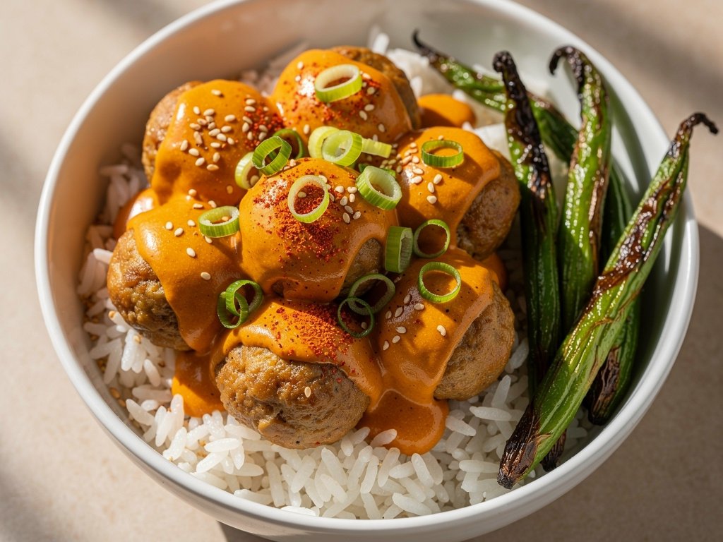 Bang Bang Meatballs with Sesame Rice and Roasted Green Beans