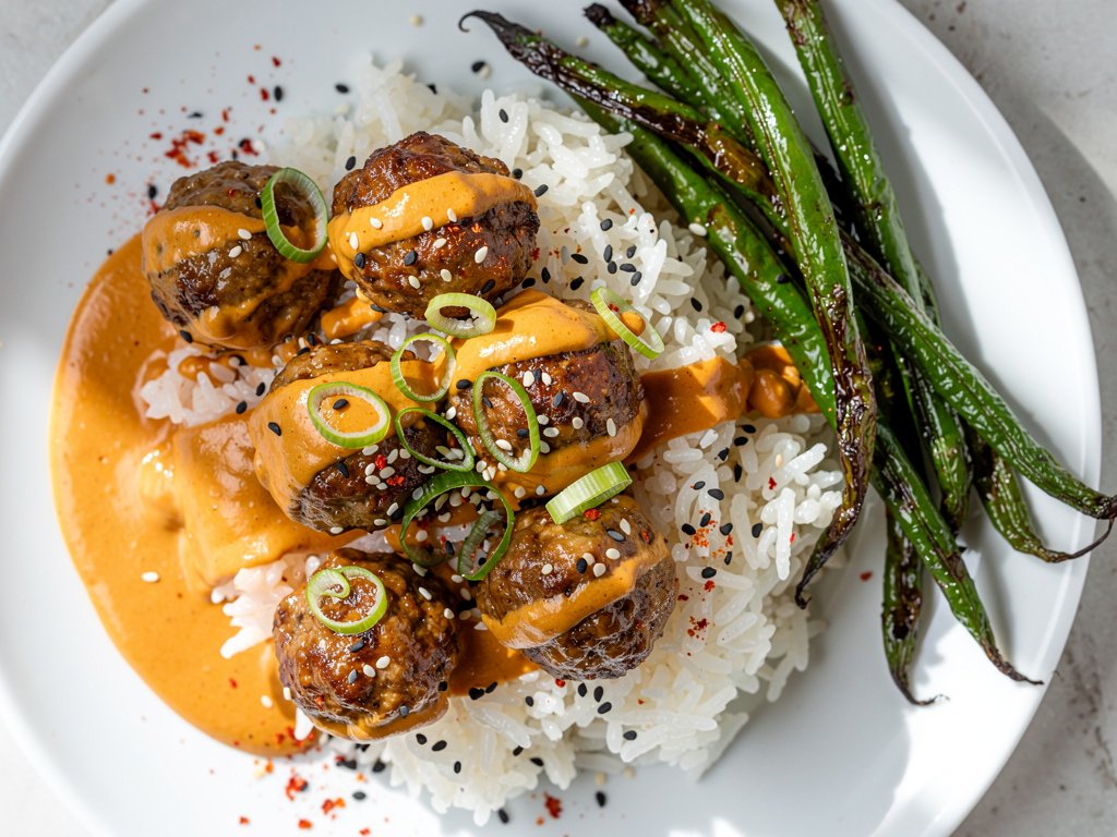 Bang Bang Meatballs with Sesame Rice and Roasted Green Beans