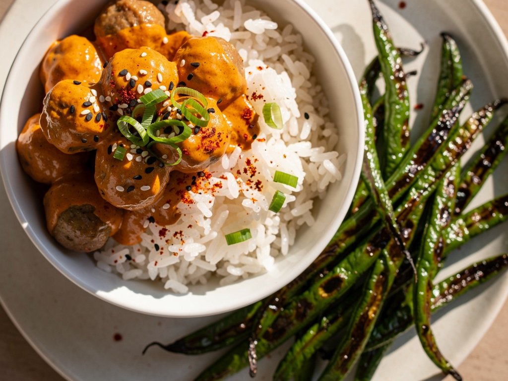 Bang Bang Meatballs with Sesame Rice and Roasted Green Beans