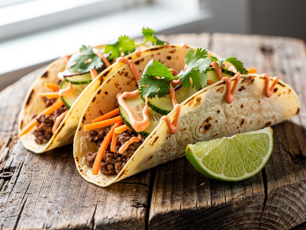 Banh Mi Beef Tacos with Pickled Cucumber and Sriracha Mayo