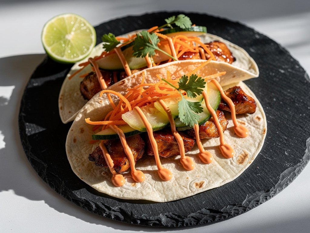 Banh Mi Chicken Tacos with Pickled Cucumber and Sriracha Mayo