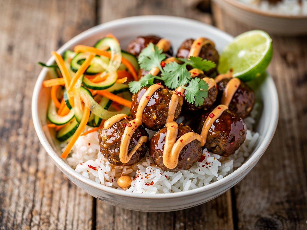 Banh Mi Meatball Bowls with Ginger Rice and Pickled Veggie Salad