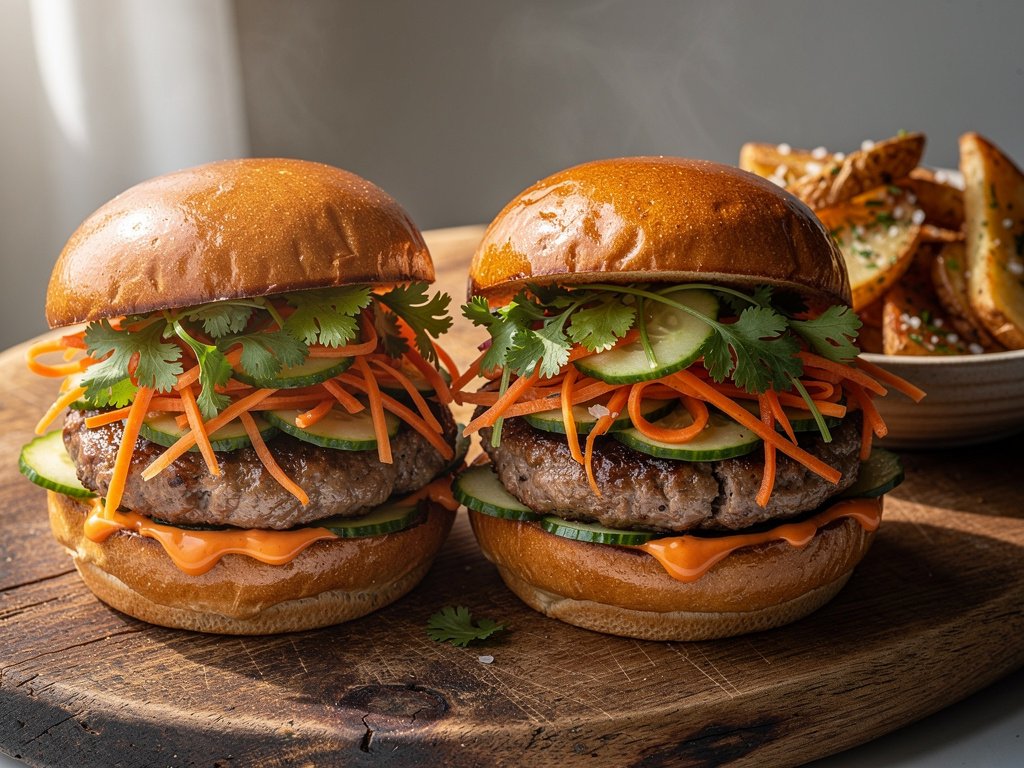 Banh Mi Inspired Pork Burgers with Pickled Slaw and Sriracha Mayo