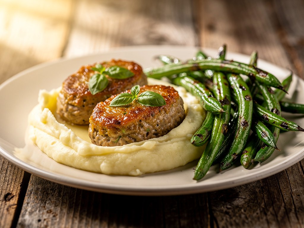 Basil and Garlic Mini Meatloaves with Creamy Mashed Potatoes and Roasted Green Beans