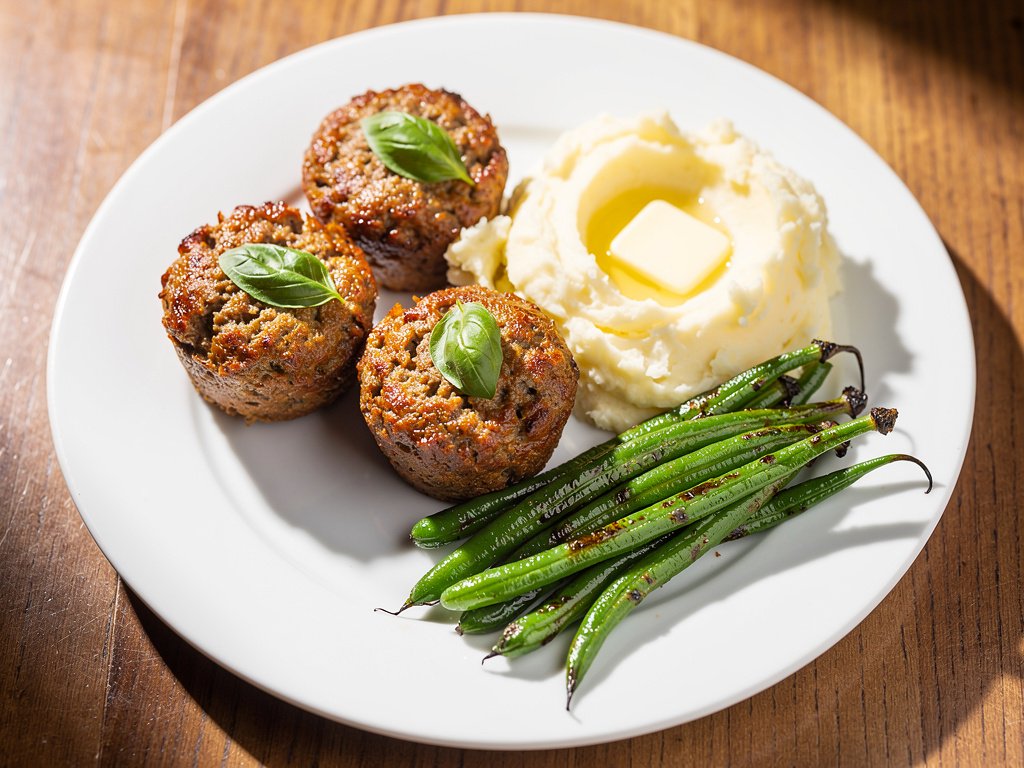 Basil and Garlic Mini Meatloaves with Creamy Mashed Potatoes and Roasted Green Beans