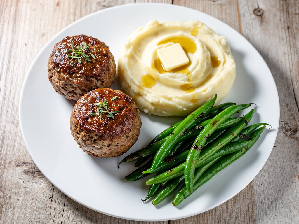 Basil-Infused Mini Meatloaves with Garlic Mashed Potatoes and Green Beans