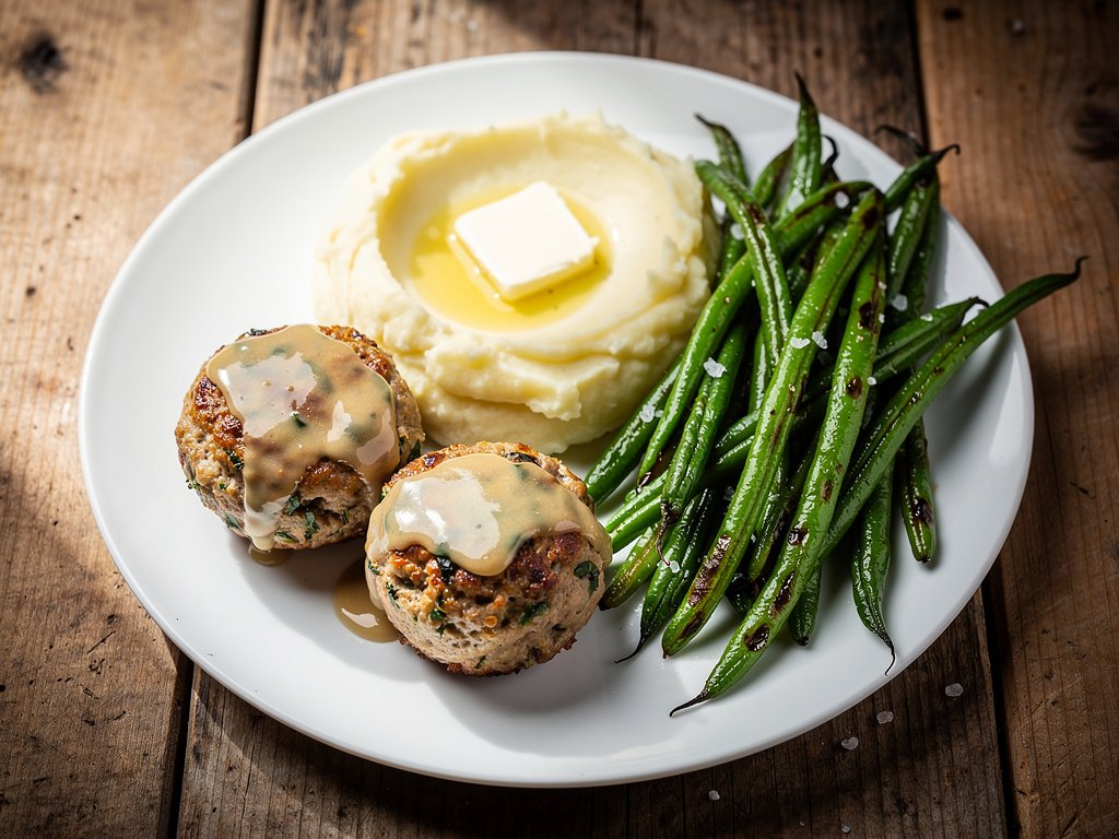 Basil and Garlic Mini Meatloaves with Creamy Mashed Potatoes and Roasted Green Beans