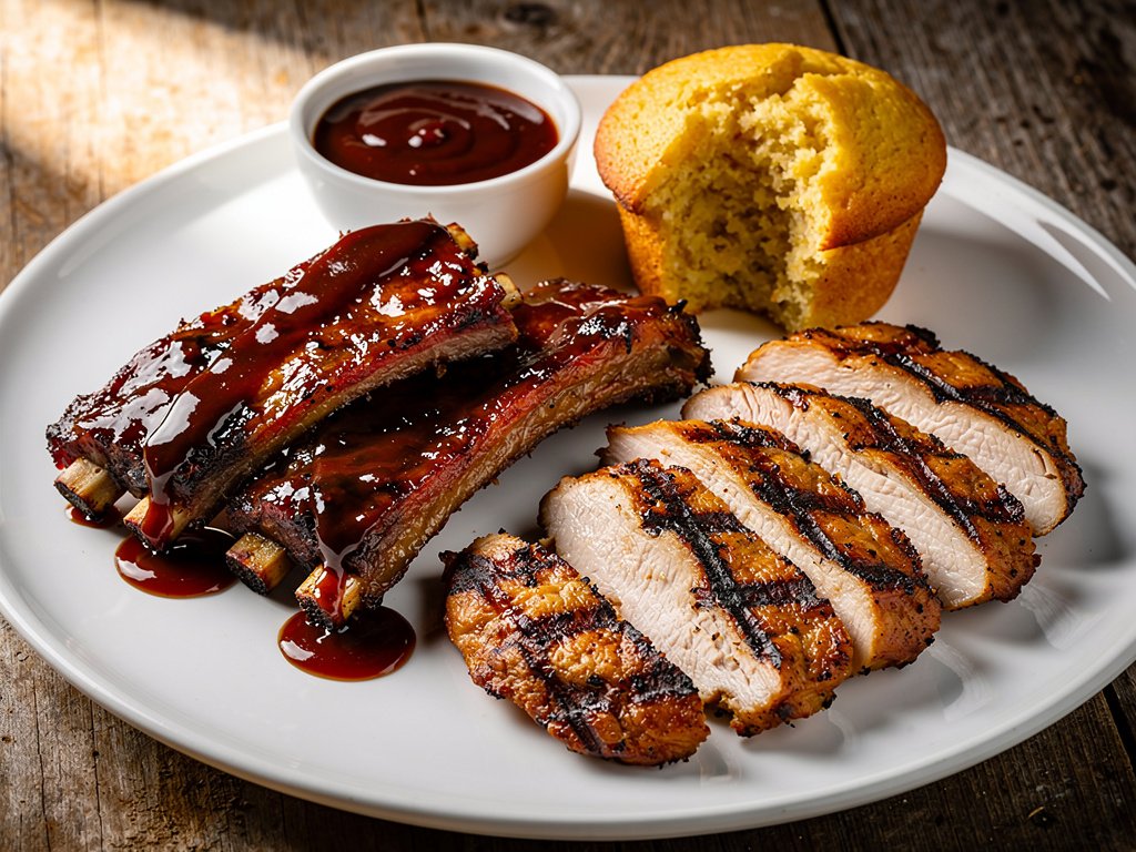 BBQ Baby Back Ribs with Chicken Cutlets and Cornbread