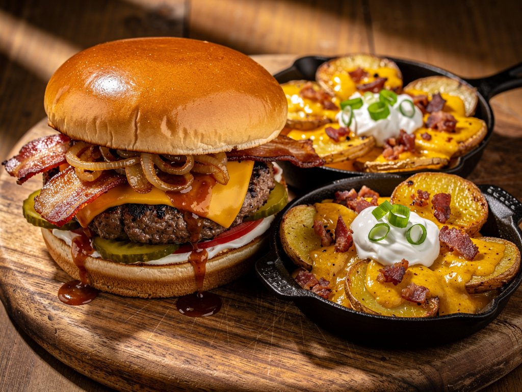 BBQ Bacon Burgers with Cheesy Loaded Potato Rounds