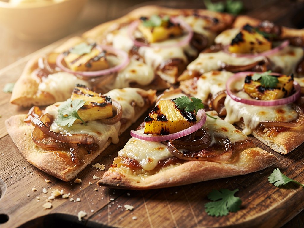 Sweet and Savory BBQ Pineapple Flatbread with Caramelized Onions and Poblano