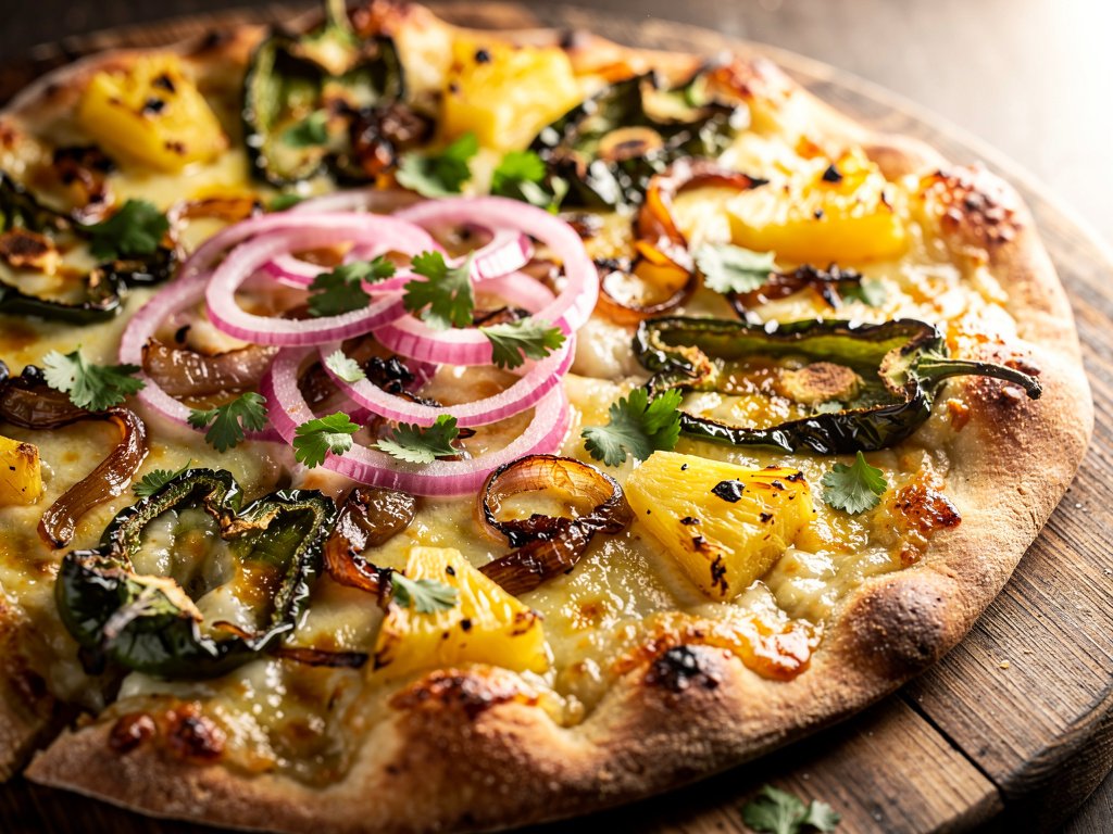 Sweet and Savory BBQ Pineapple Flatbread with Caramelized Onions and Poblano
