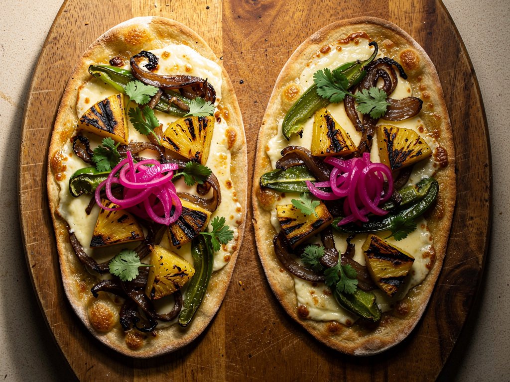Sweet and Smoky BBQ Pineapple Flatbreads with Caramelized Onions and Poblano