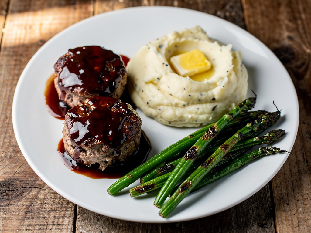 BBQ Pork and Apple Meatloaves with Garlic Mashed Potatoes and Roasted Green Beans