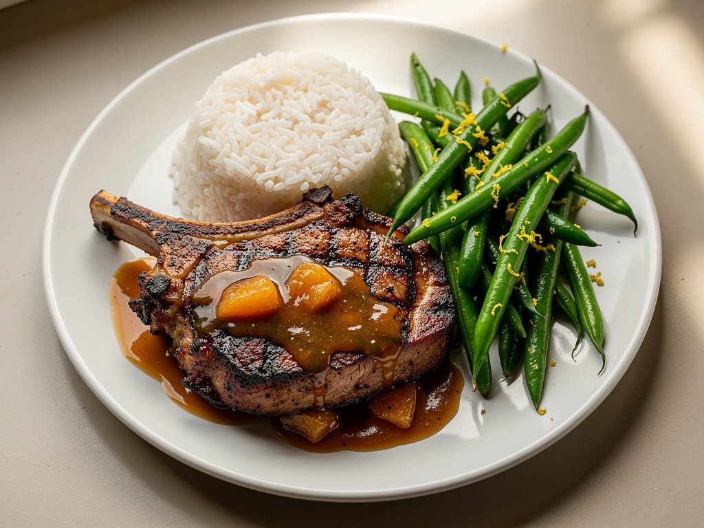 BBQ Rubbed Pork Chops with Peach Pan Sauce and Lemony Green Beans