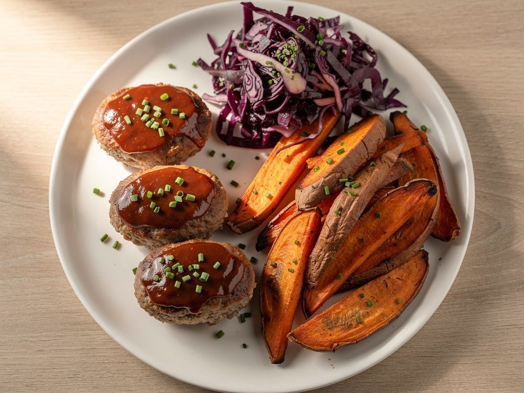 BBQ Pork Meatloaf with Roasted Sweet Potato Wedges and Sautéed Red Cabbage