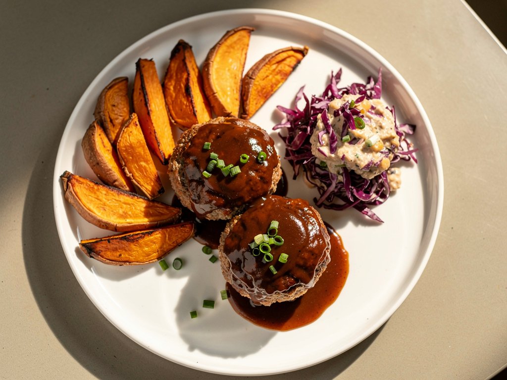 BBQ Pork Meatloaves with Creamy Coleslaw and Roasted Sweet Potato Wedges