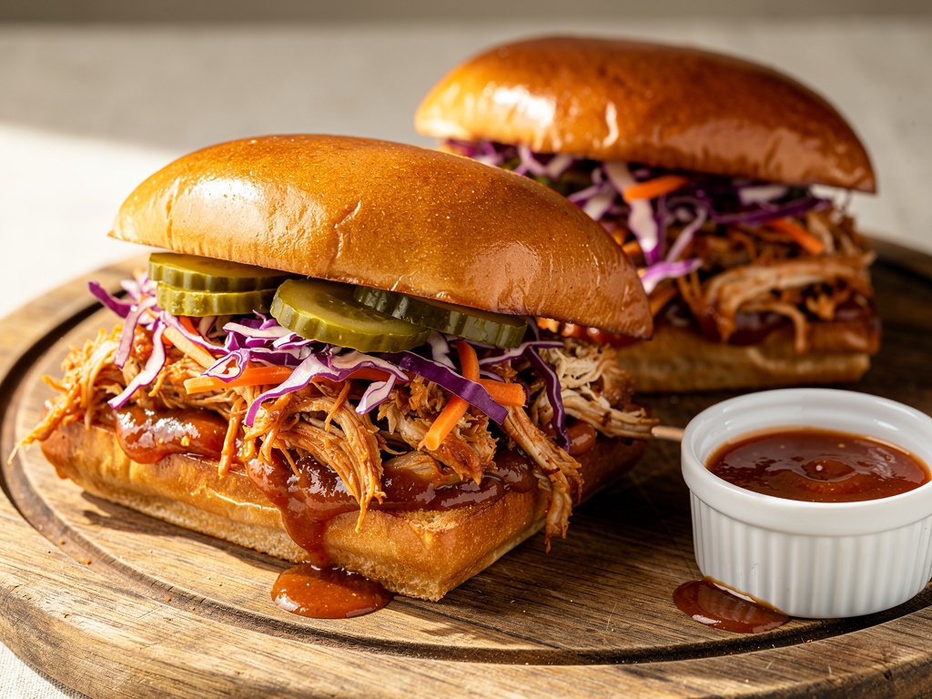 Tangy BBQ Pulled Chicken Sandwiches with Crunchy Slaw