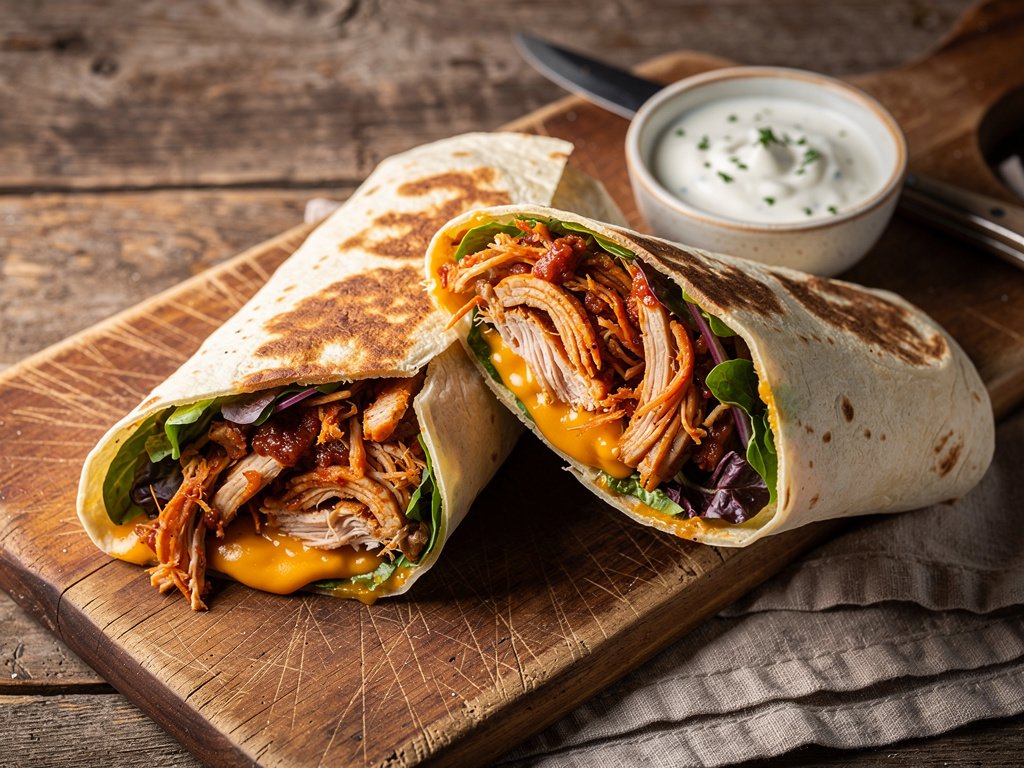 BBQ Ranch Pulled Chicken Wraps with Mixed Greens and Cheddar