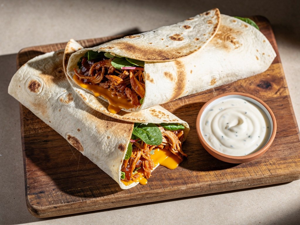 BBQ Ranch Pulled Chicken Wraps with Mixed Greens and Cheddar