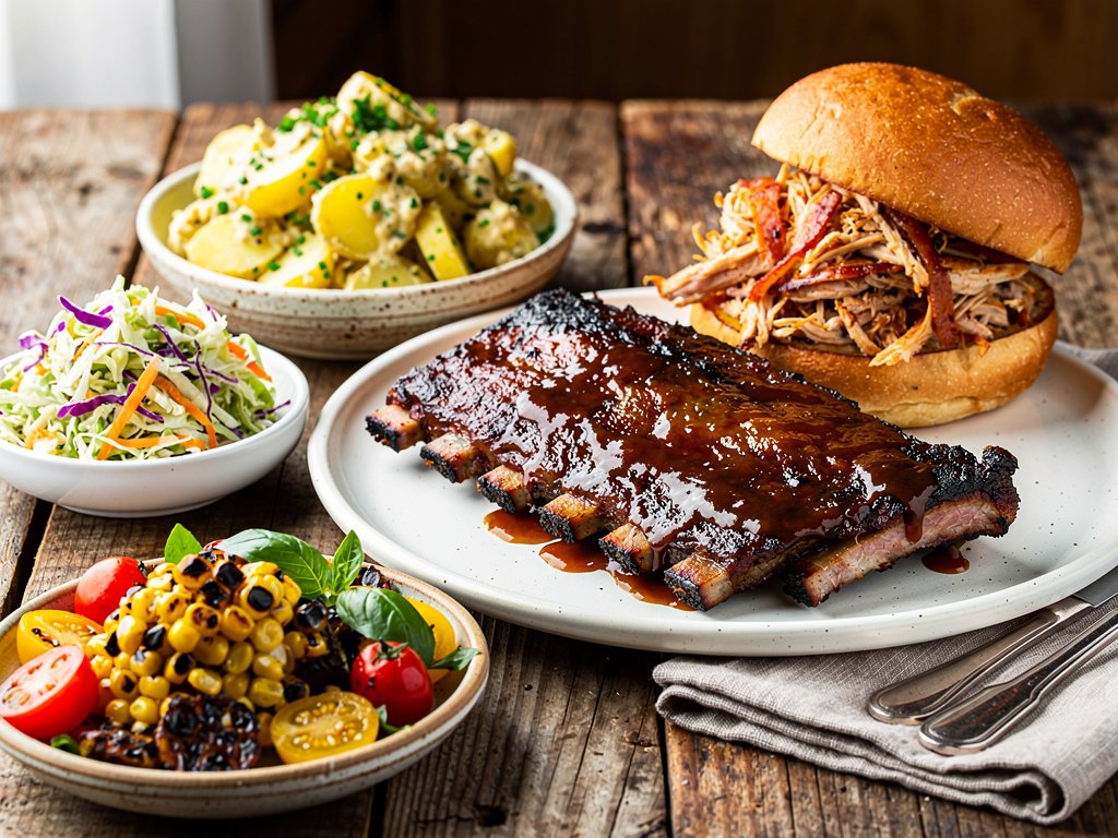 BBQ Ribs & Chicken Sandwiches with Creamy Slaw, Dijon Potato Salad & Basil Ranch Corn Salad