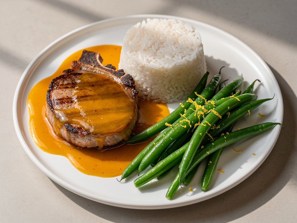 BBQ Rubbed Pork Chops with Peach Pan Sauce and Lemony Green Beans