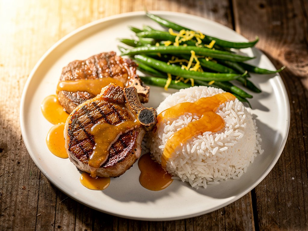 BBQ-Rubbed Pork Chops with Peach Pan Sauce, Lemony Green Beans, and Garlic Rice