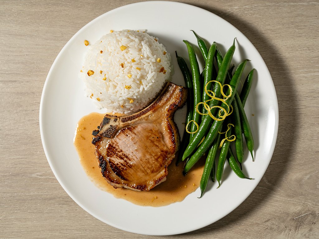 BBQ Rubbed Pork Chops with Peach Pan Sauce, Lemony Green Beans & Garlic Rice
