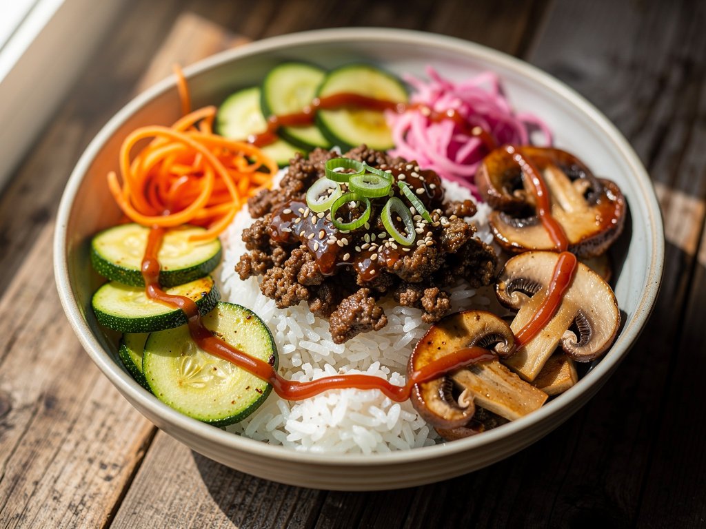 Beef Bibimbap Rice Bowls with Zucchini, Mushrooms, and Carrots