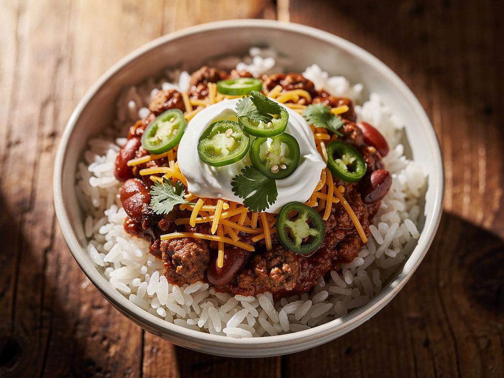 Hearty Beef and Chorizo Chili with Rice and Burrito Lunch