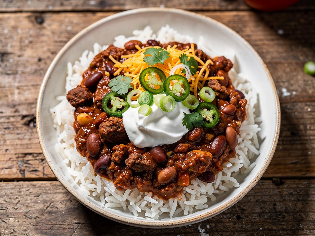 Hearty Beef and Chorizo Chili with Rice and Burrito Lunch