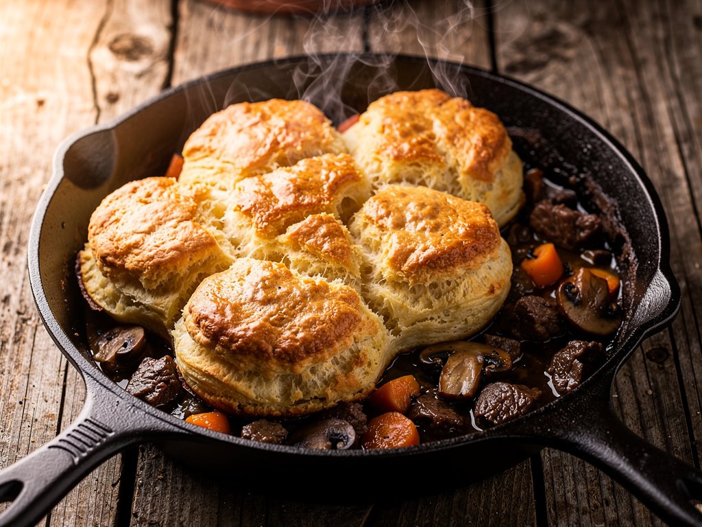 Beef and Mushroom Pot Pie with Flaky Biscuit Topping