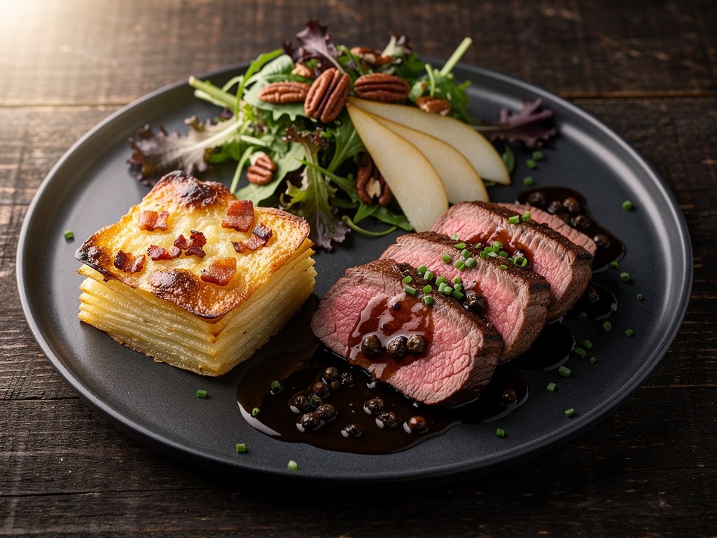 Beef Tenderloin Au Poivre with Cheesy Potato Gratin and Pear Pecan Salad