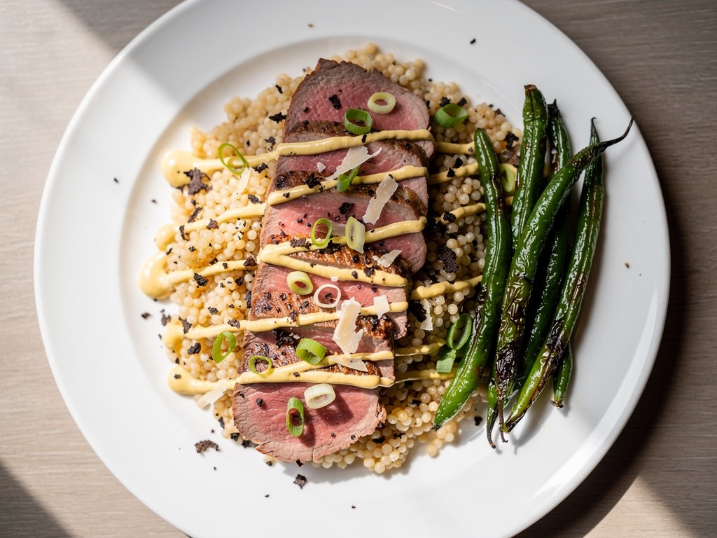 Beef Tenderloin with Truffled Couscous and Mustard Sauce