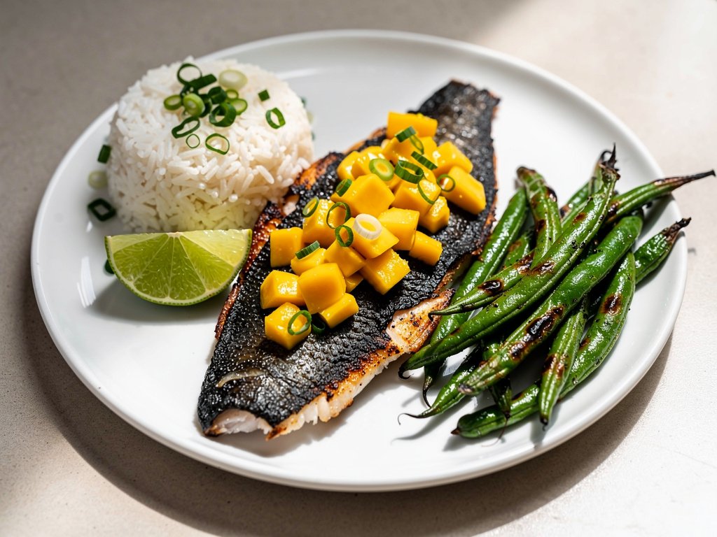 Blackened Barramundi with Mango Salsa and Scallion Lime Rice