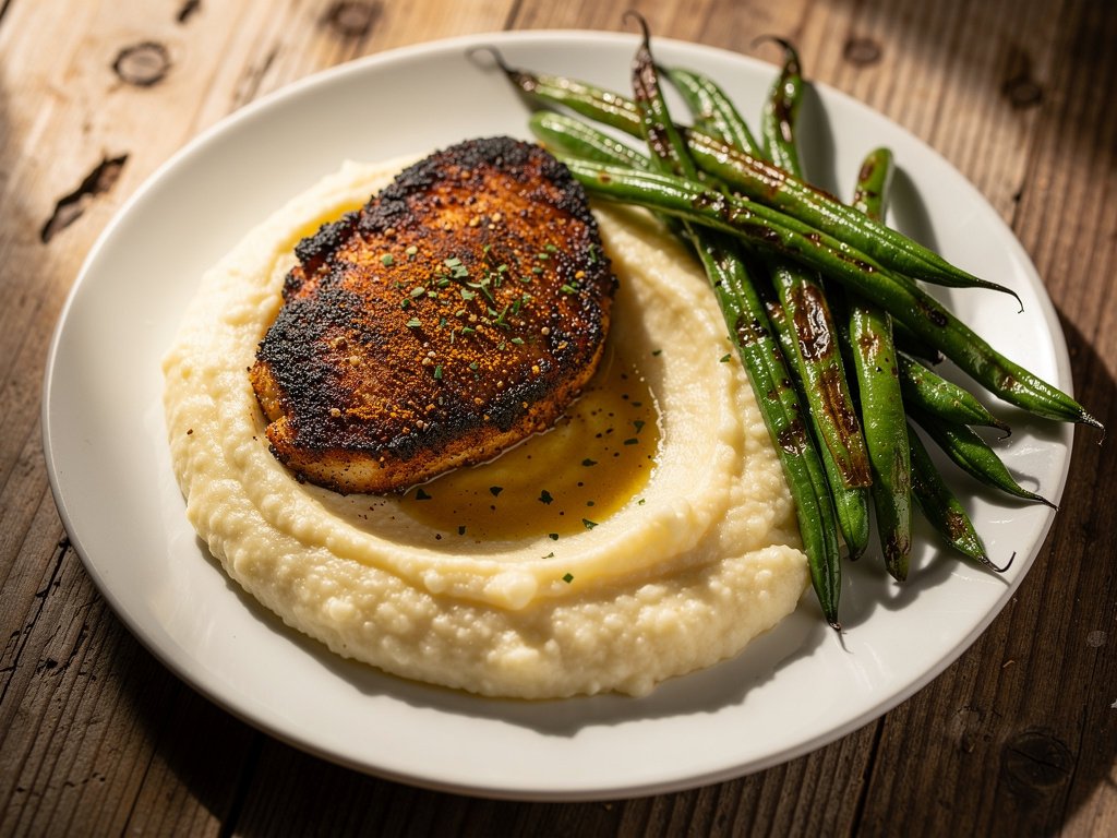 Blackened Chicken with Cauliflower Grits and Lemon Pan Sauce